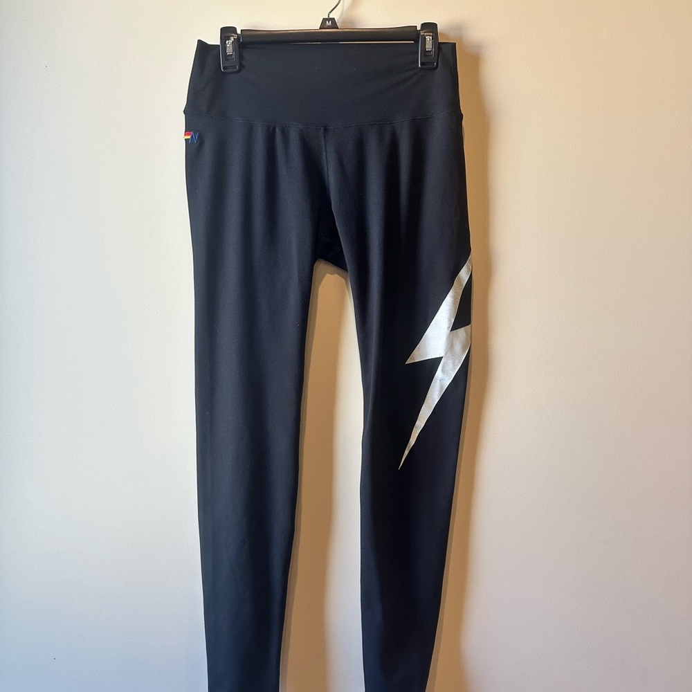 Aviator Nation Black Leggings w/ White Lightning Bolt - L